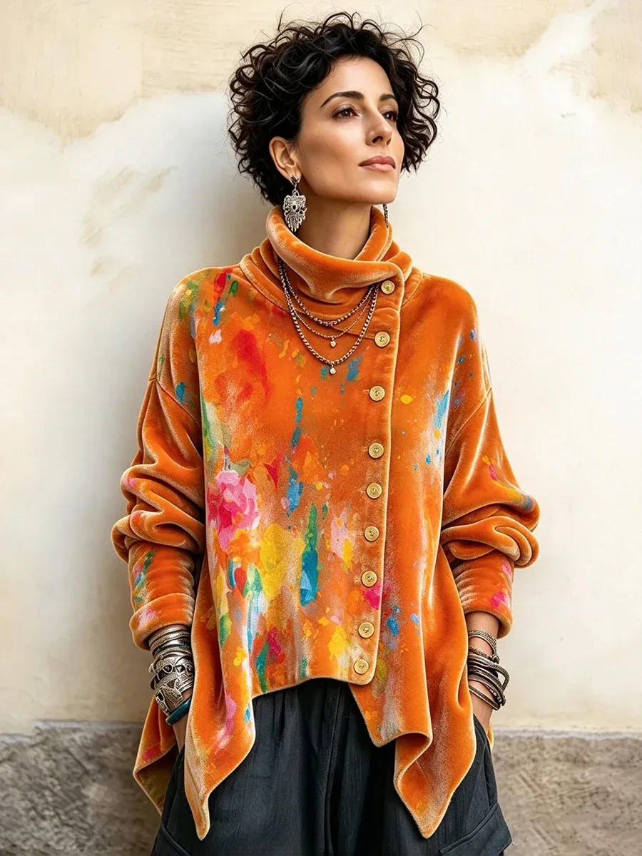 Women's Vintage Print High-neck Long-sleeve Loose-fit Velvet Top