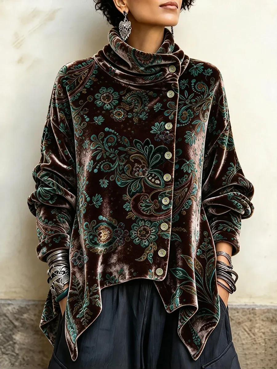 Women's Vintage Print High-neck Long-sleeve Loose-fit Velvet Top