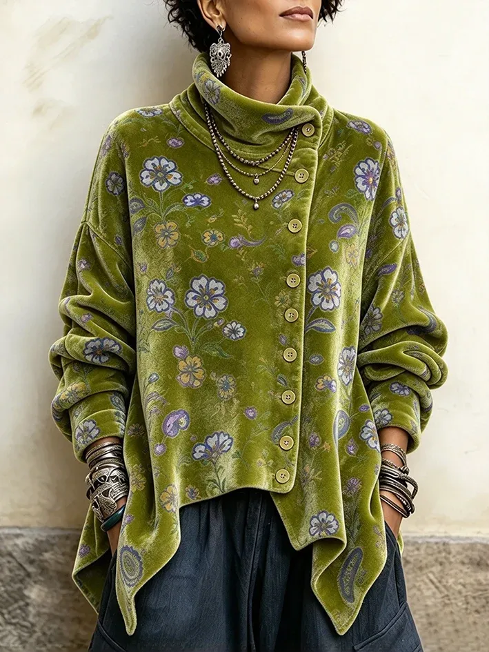 Women's Vintage Print High-neck Long-sleeve Loose-fit Velvet Top