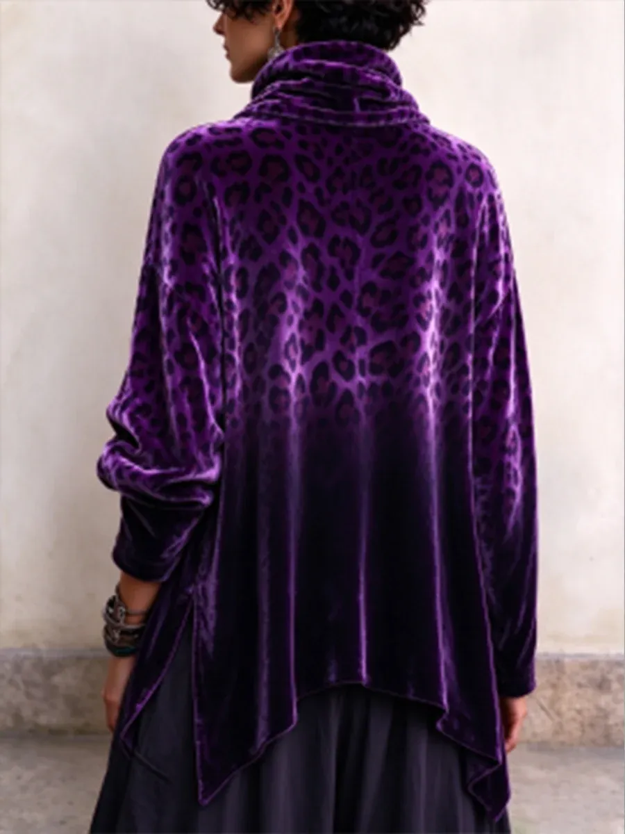 Women's Vintage Print High-neck Long-sleeve Loose-fit Velvet Top