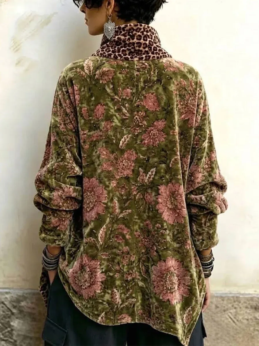 Women's Vintage Print High-neck Long-sleeve Loose-fit Velvet Top