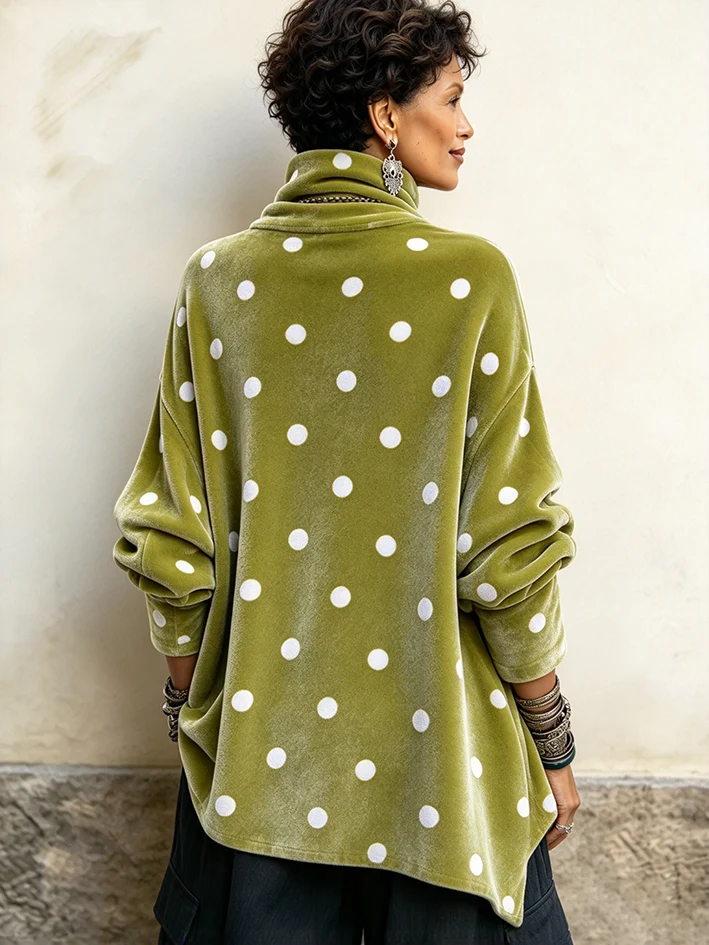 Women's Vintage Print High-neck Long-sleeve Loose-fit Velvet Top