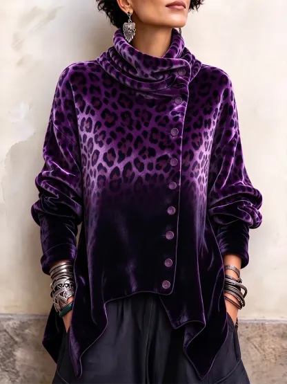 Women's Vintage Print High-neck Long-sleeve Loose-fit Velvet Top