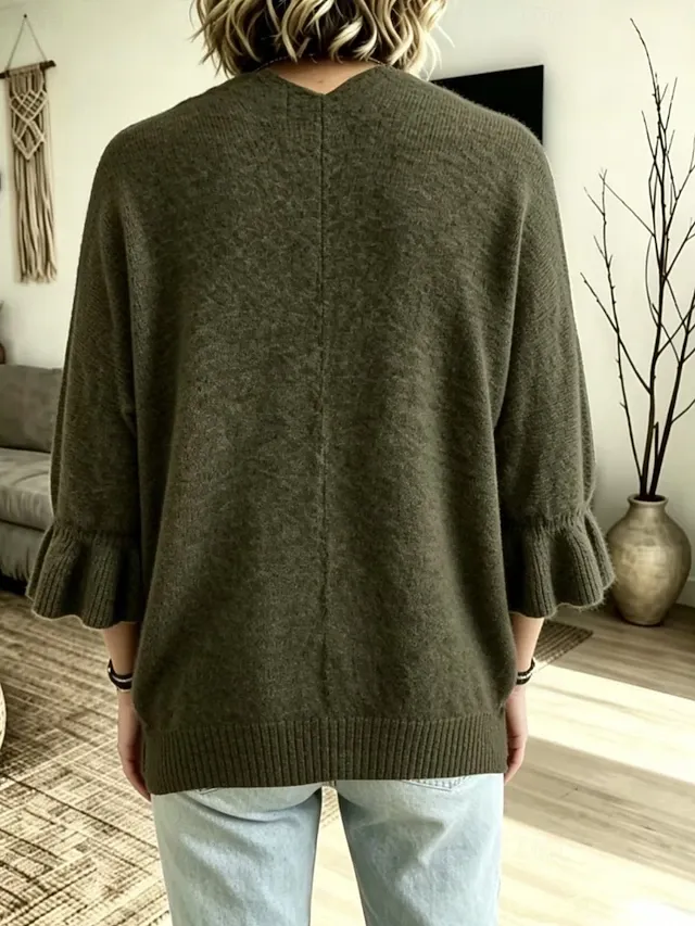 Women's Knit Cardigan Vintage Ribbed Open Front Ruffle Patchwork 3/4 Length Sleeve Regular Tops Knit Home Blue White Fall Winter