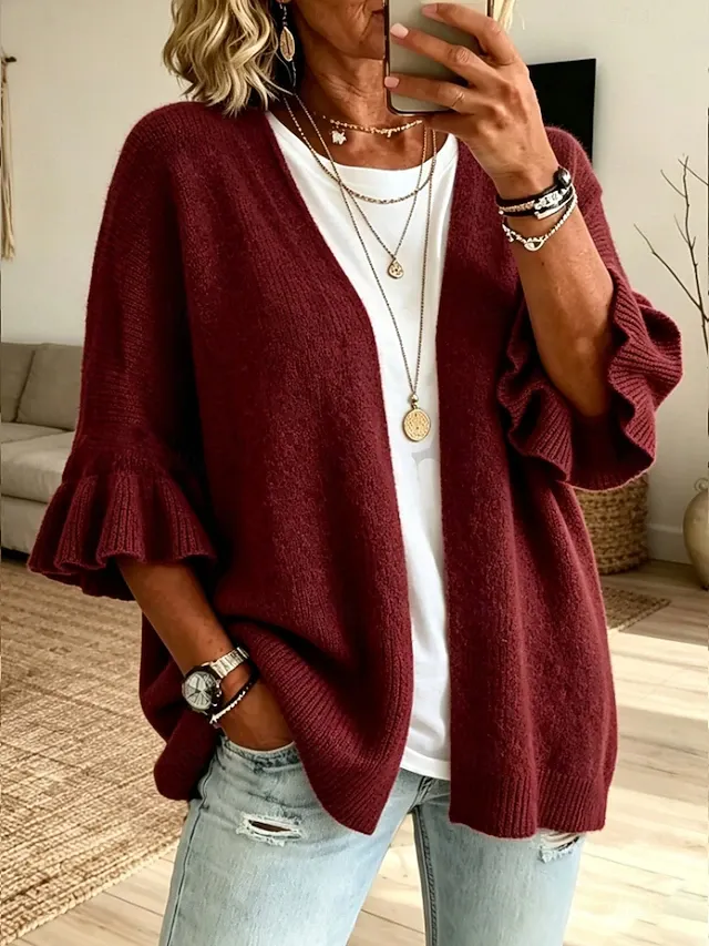Women's Knit Cardigan Vintage Ribbed Open Front Ruffle Patchwork 3/4 Length Sleeve Regular Tops Knit Home Blue White Fall Winter