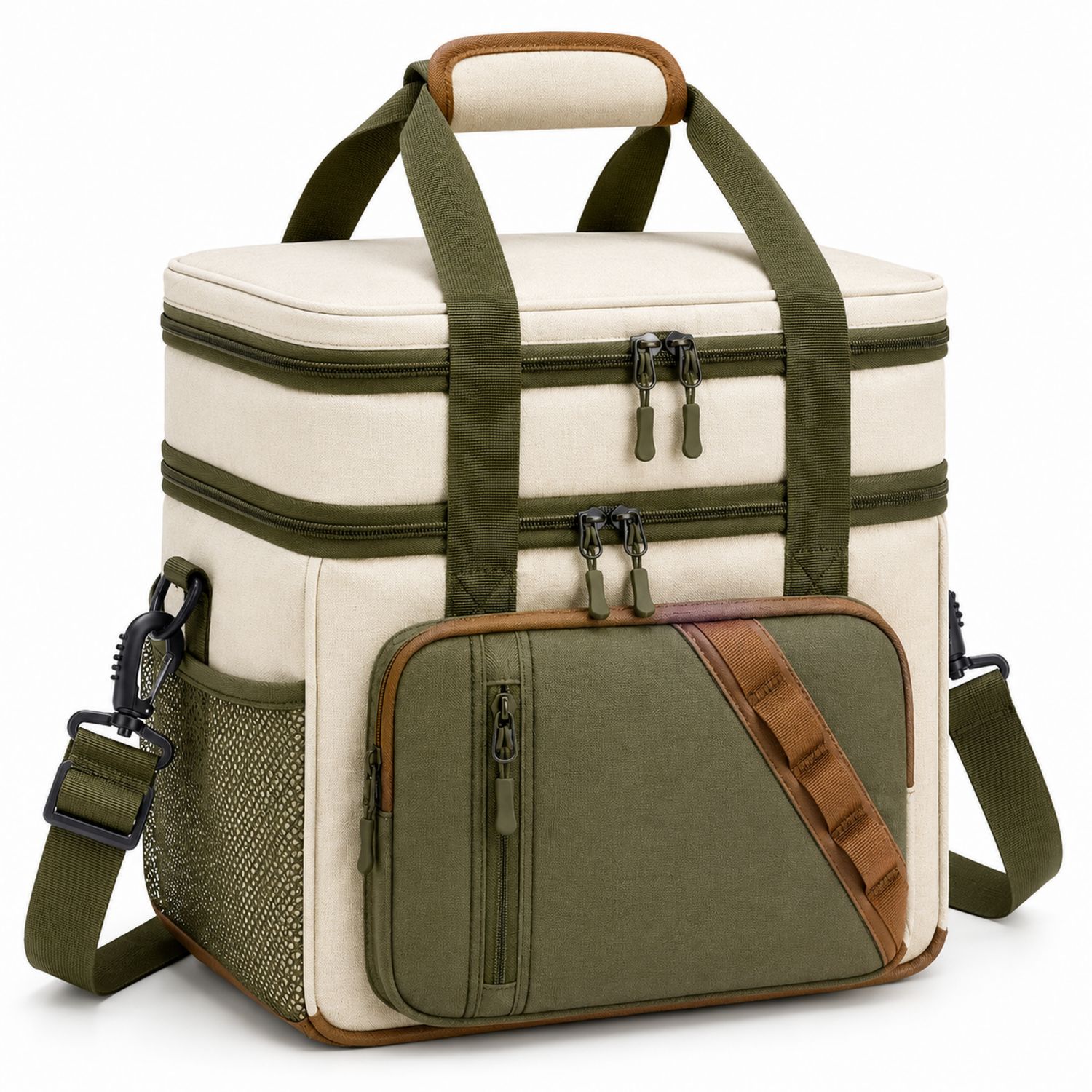 Grand sac isotherme beige et vert avec bandoulière réglable