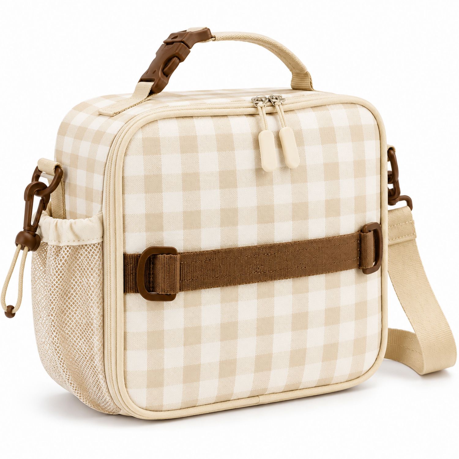 Sac isotherme déjeuner Vichy beige avec bandoulière