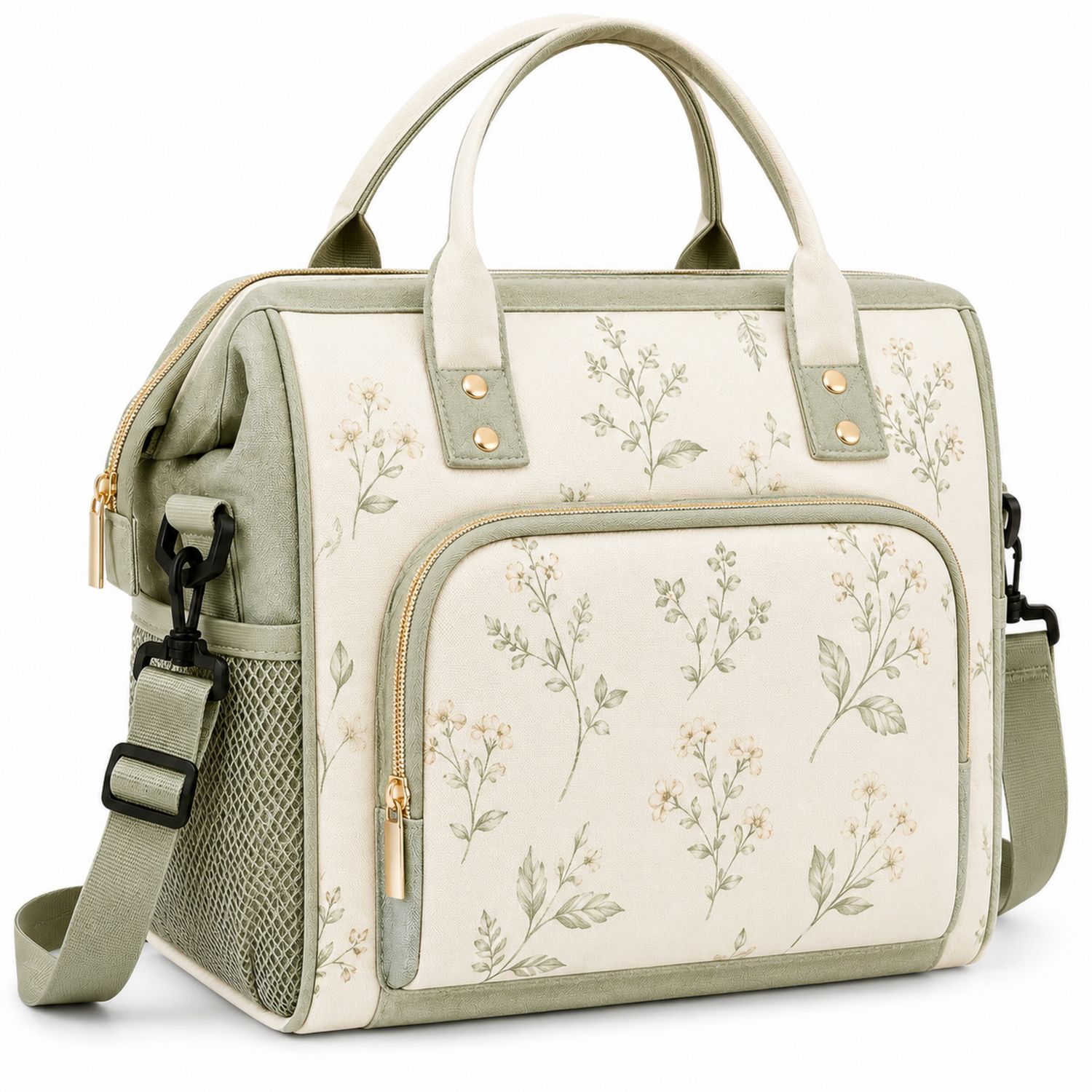 Sac Isotherme Élégant à Motifs Floraux Beige et Vert