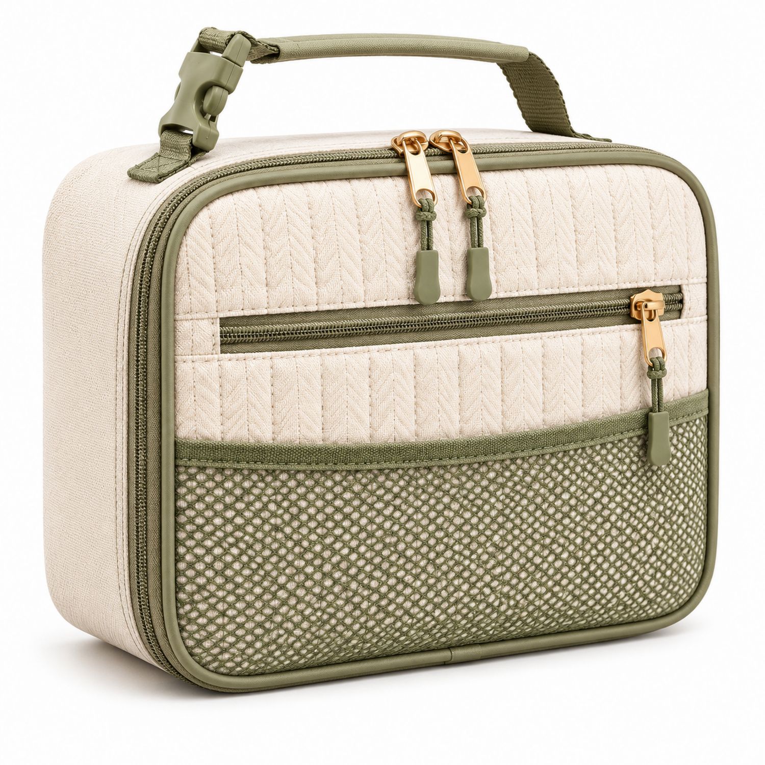 Sac Isotherme Beige et Vert avec Détails en Maille 10L