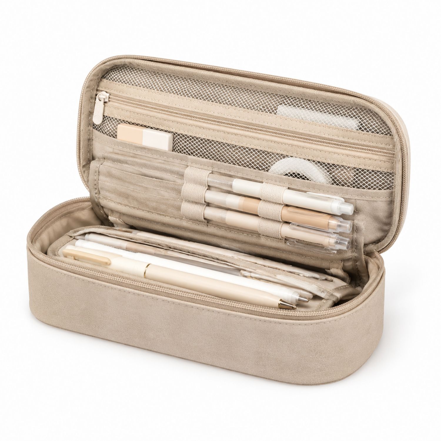 Trousse de Rangement Beige avec Fermeture Éclair et Compartiments Multiples