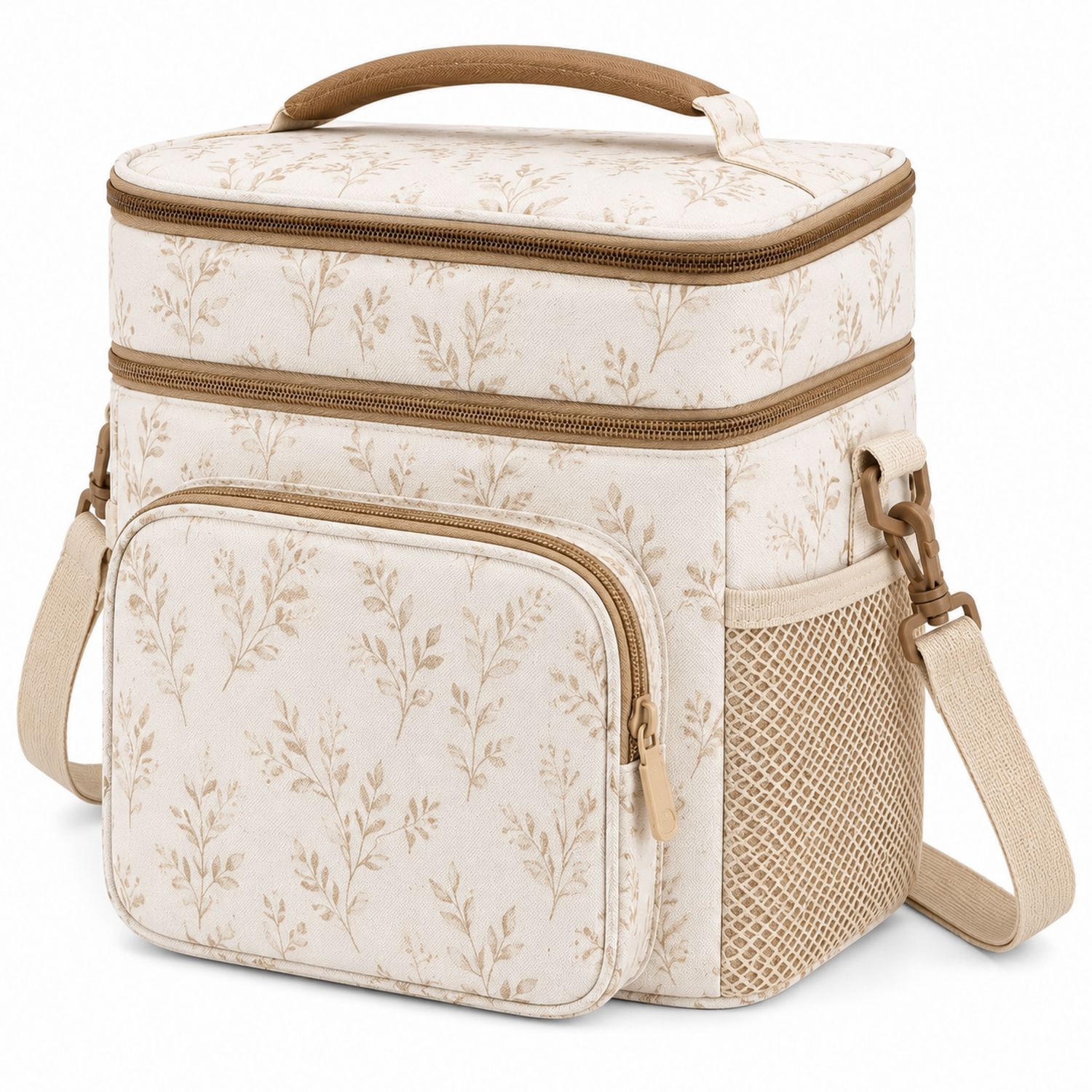 Sac isotherme beige à motif floral avec bandoulière réglable