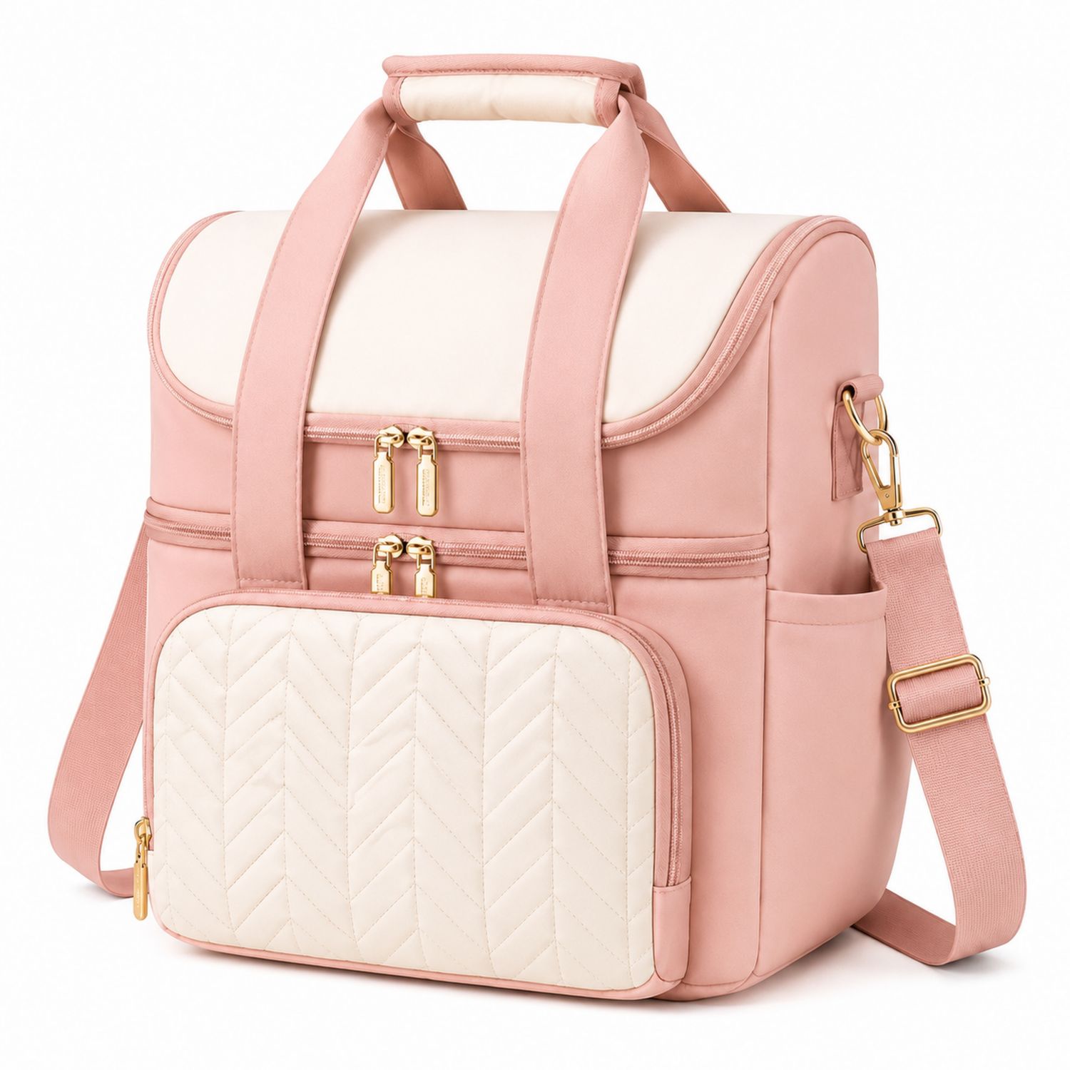 Sac à dos isotherme multifonction rose et beige avec détails dorés