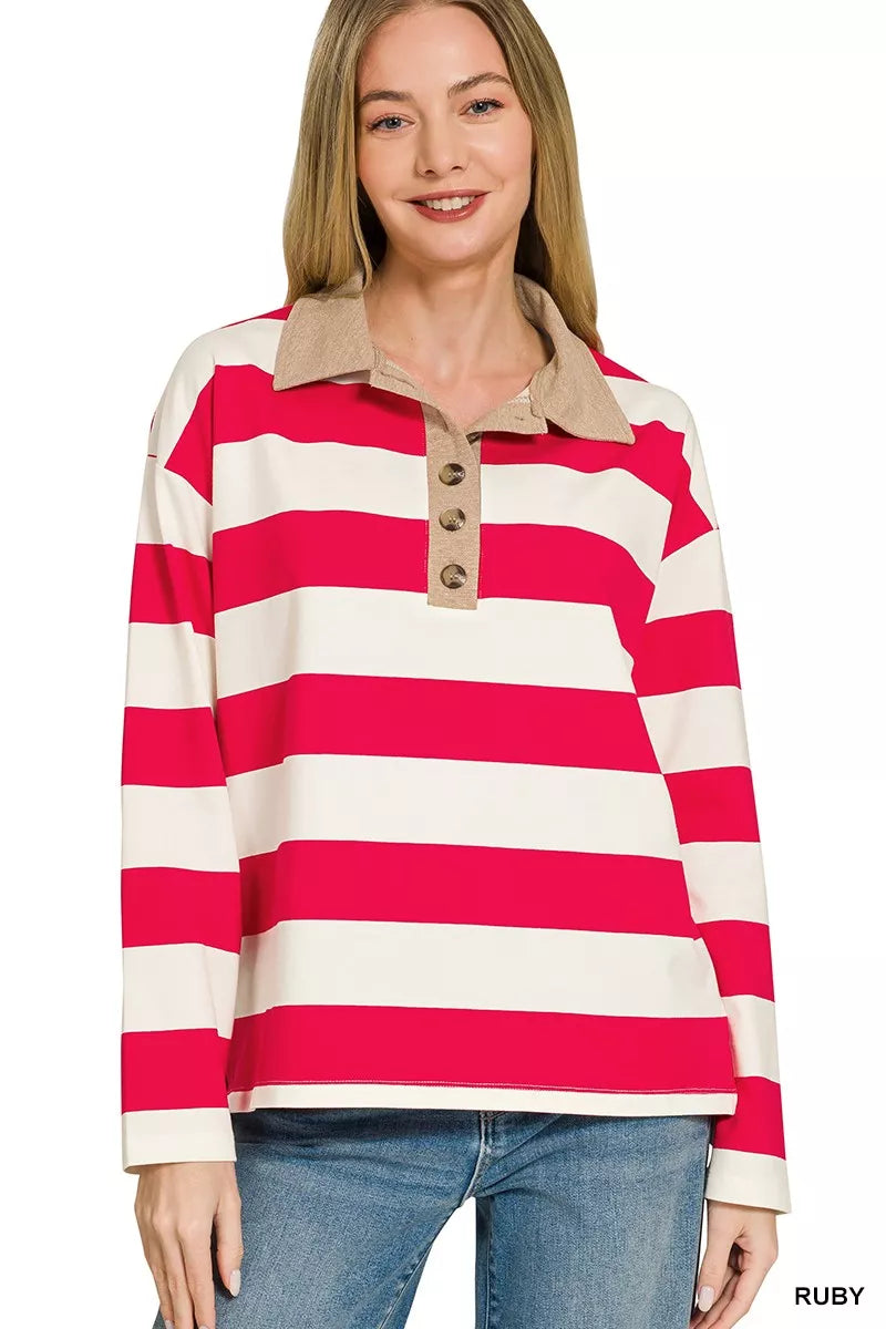The Chic Stella – Striped Contrast Collar Polo Top