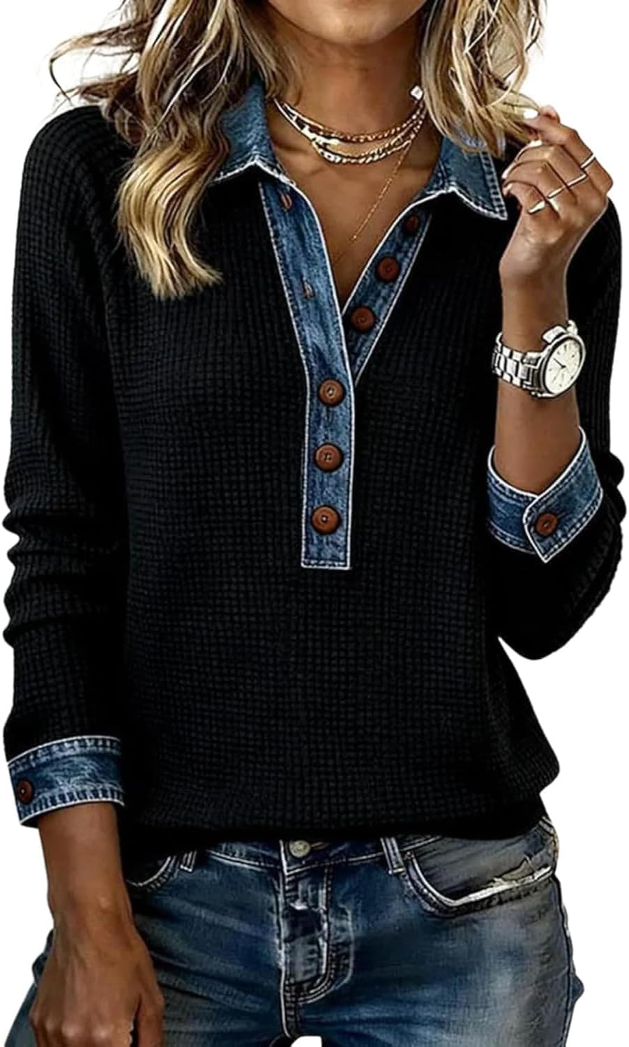 Women Denim Patchwork Lapel V‑Neck Waffle Knit Top