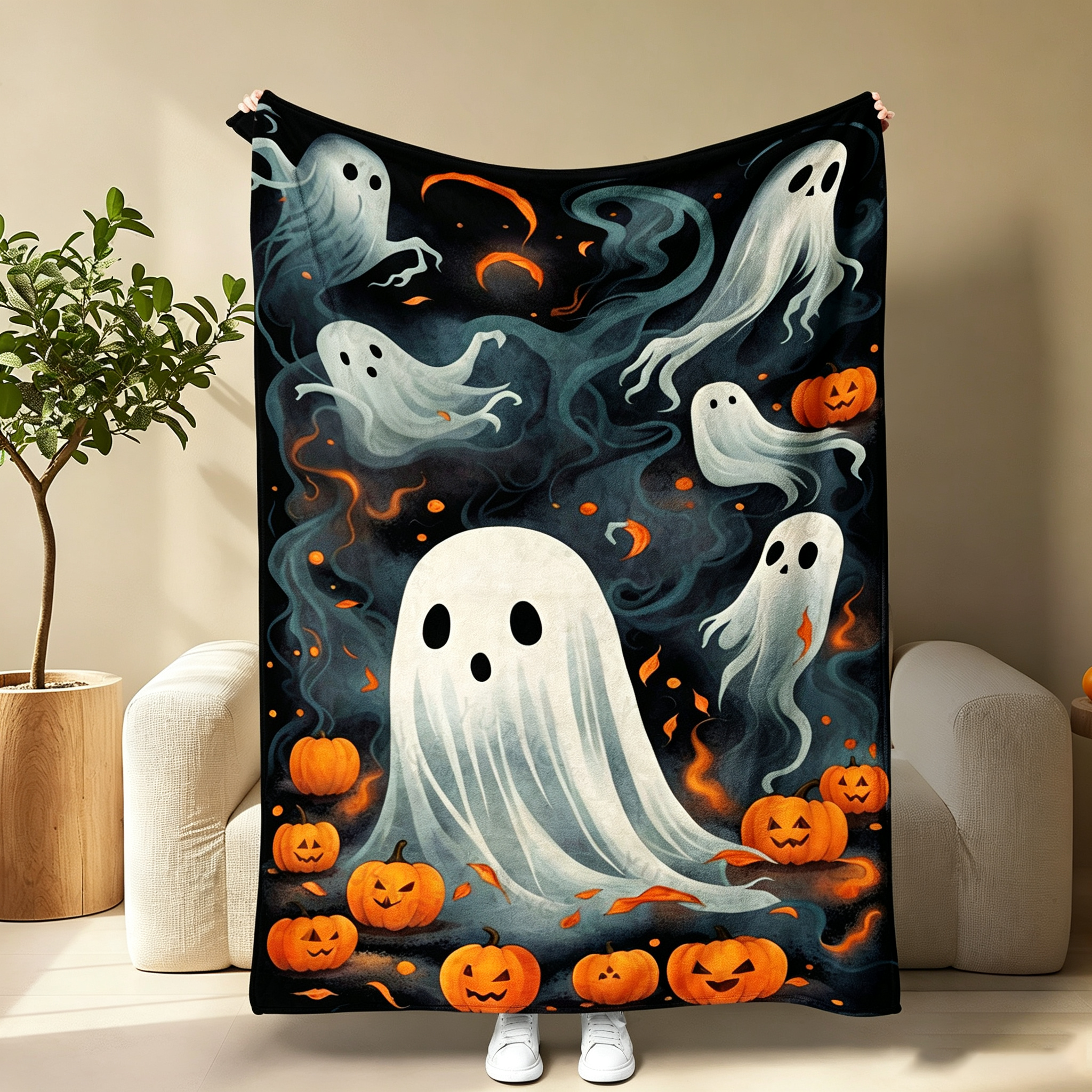 Pumpkin Ghost Bat Plaid Patchwork Flannel Blanket