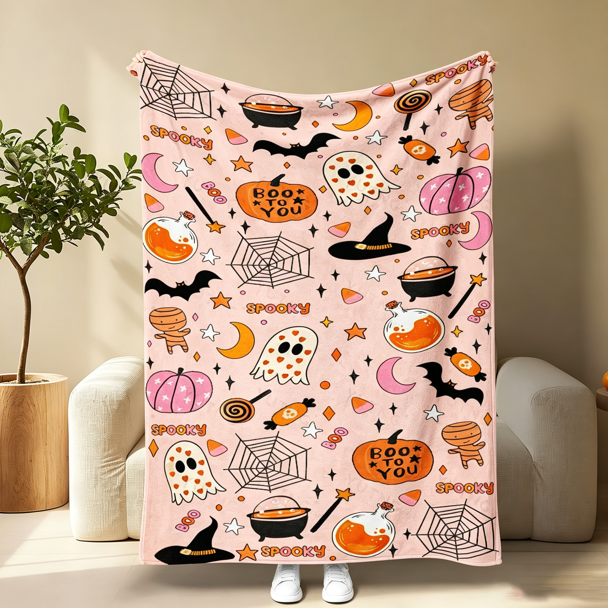Pumpkin Ghost Bat Plaid Patchwork Flannel Blanket