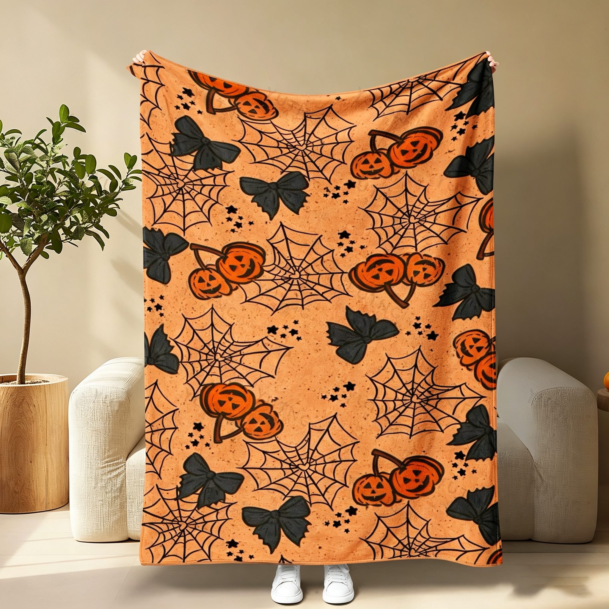 Pumpkin Ghost Bat Plaid Patchwork Flannel Blanket