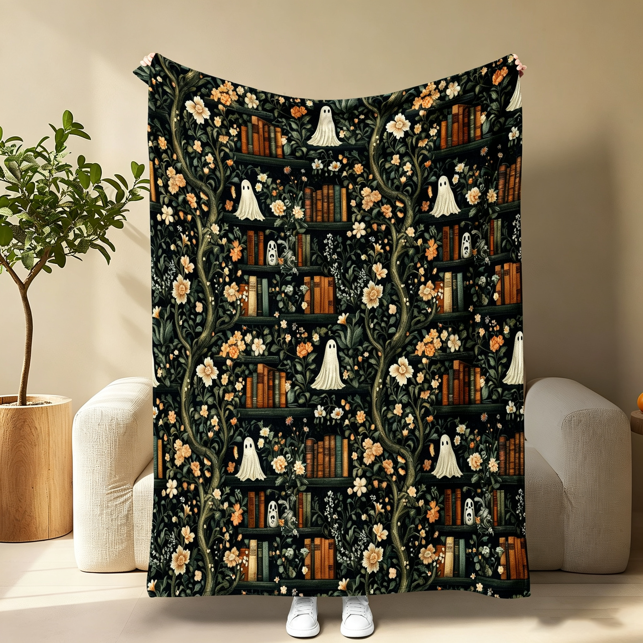 Pumpkin Ghost Bat Plaid Patchwork Flannel Blanket