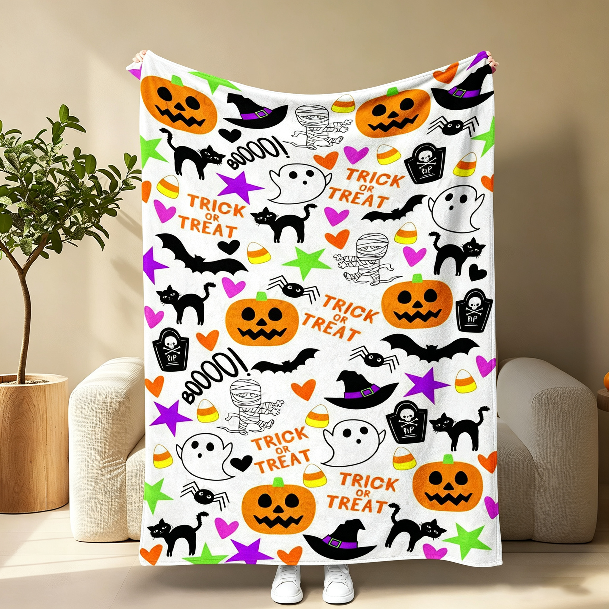Pumpkin Ghost Bat Plaid Patchwork Flannel Blanket