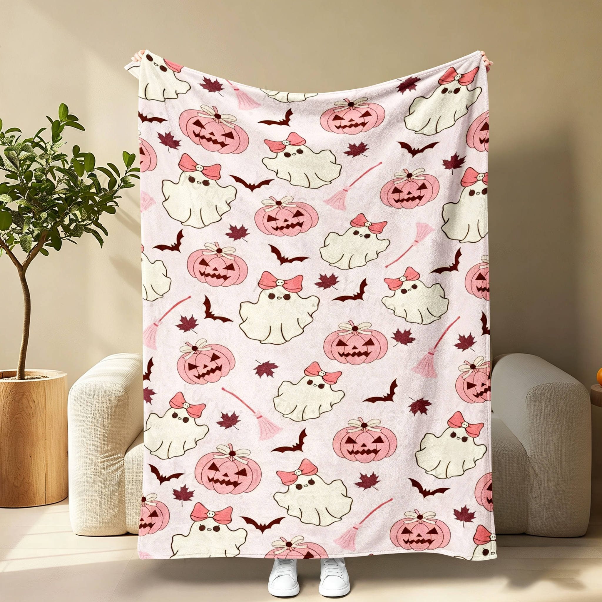 Pumpkin Ghost Bat Plaid Patchwork Flannel Blanket