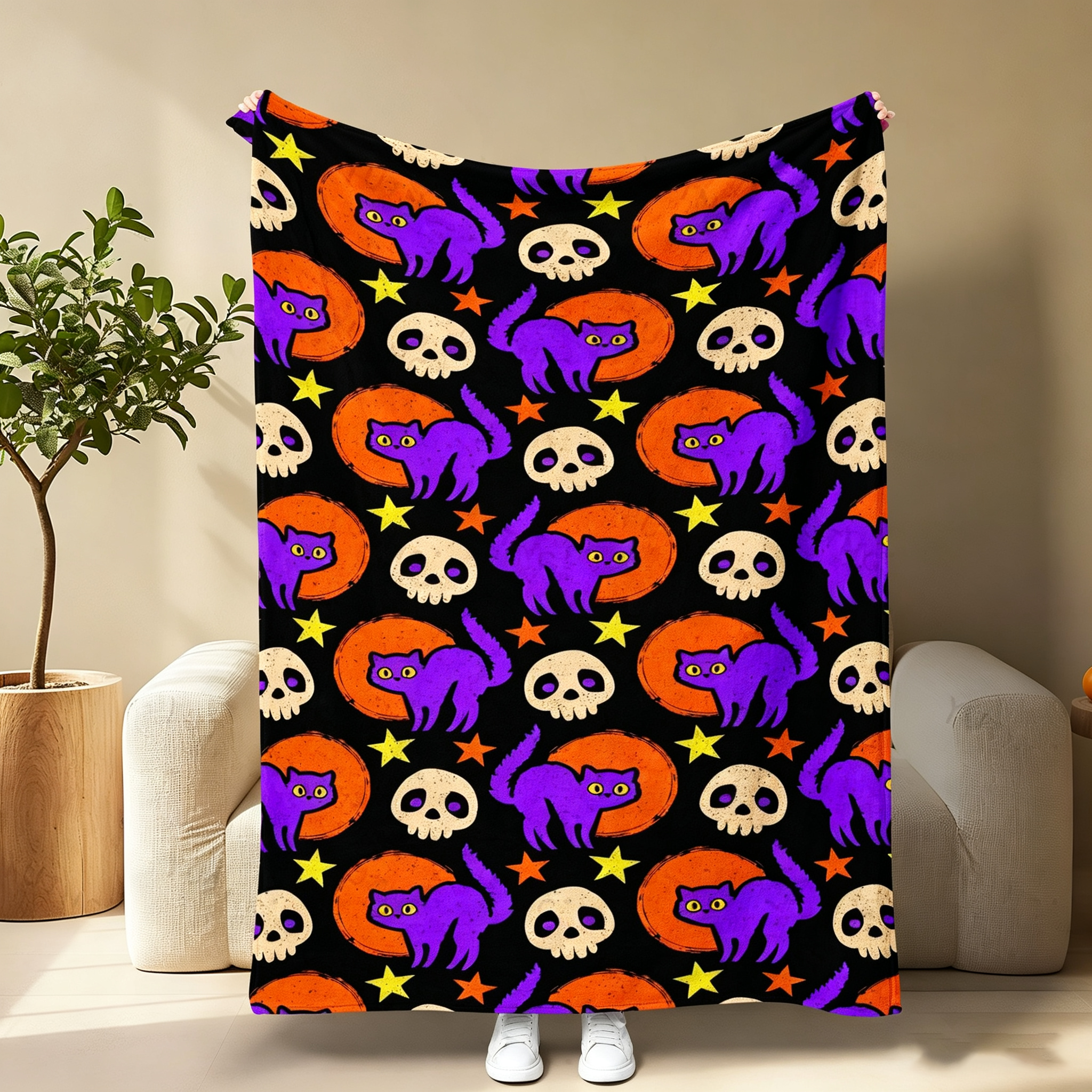 Pumpkin Ghost Bat Plaid Patchwork Flannel Blanket