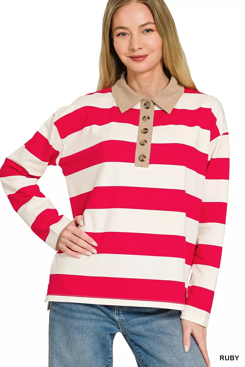 The Chic Stella – Striped Contrast Collar Polo Top