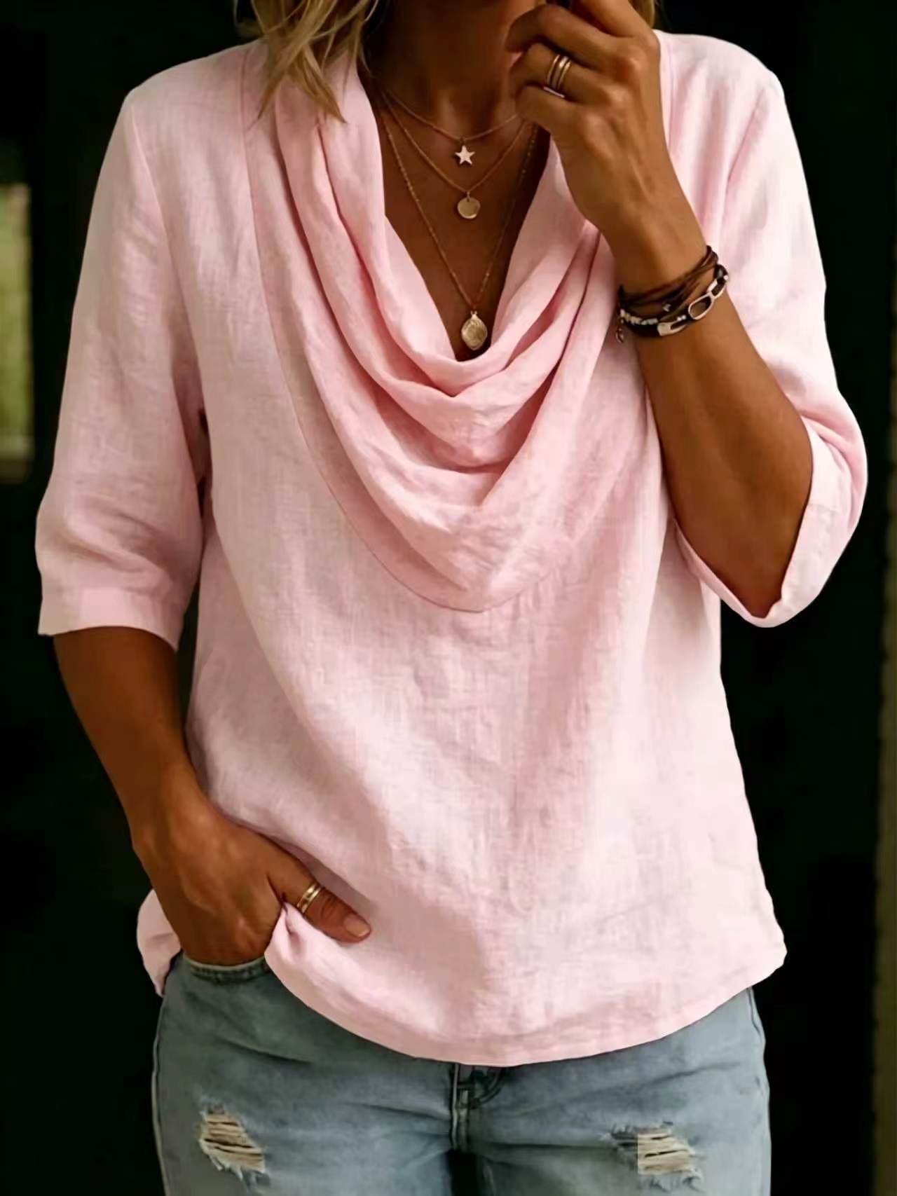 Cowl Neck Shirts for Women 3/4 Sleeve Comfy Casual Cotton Linen Tee Tops Summer Beach Boho Vacation Blouses