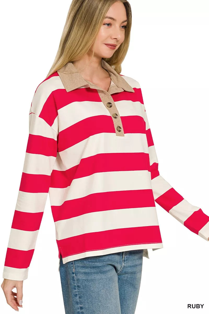The Chic Stella – Striped Contrast Collar Polo Top
