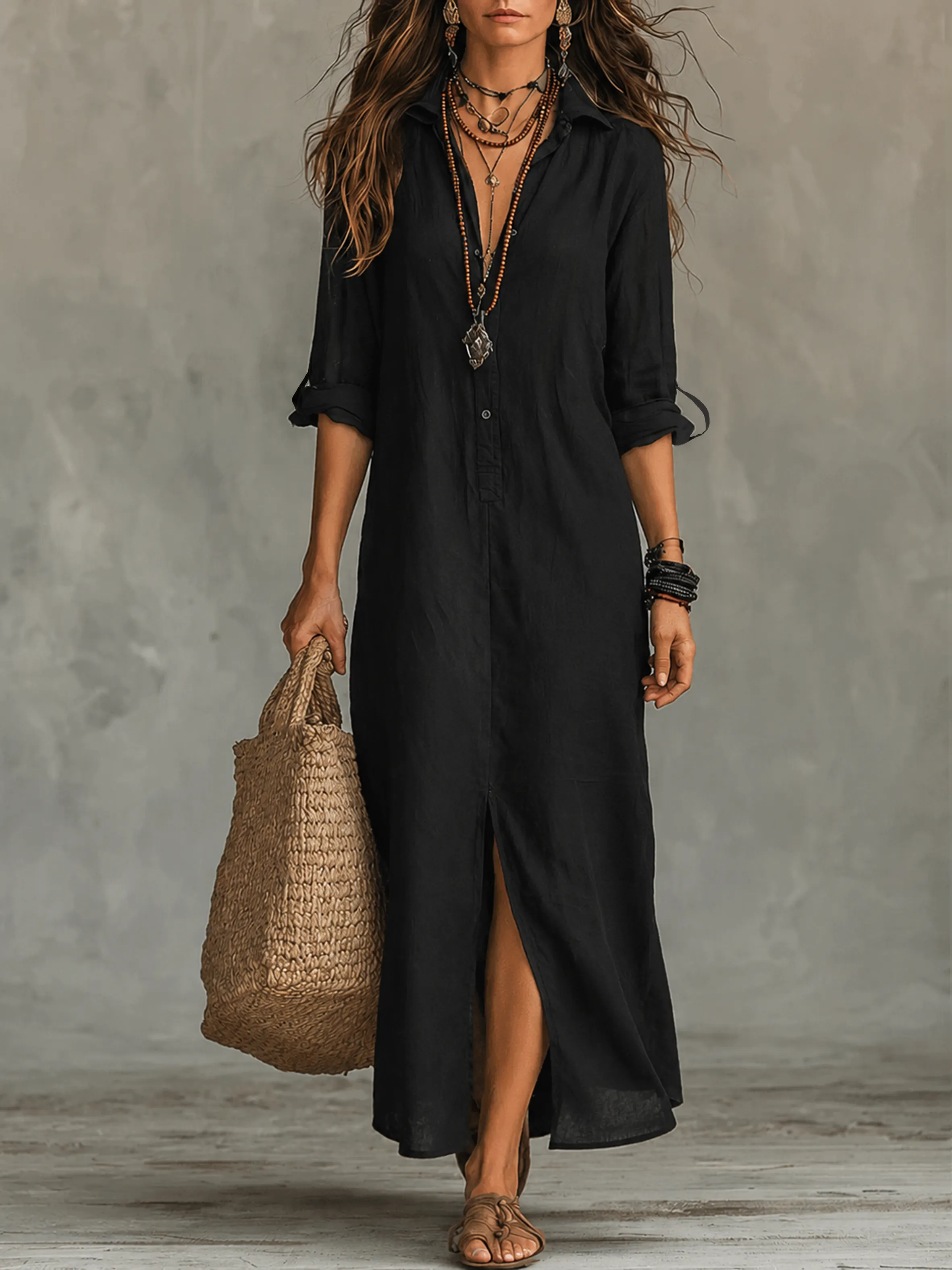 Black Button-Front Bohemian Shirt Maxi Dress