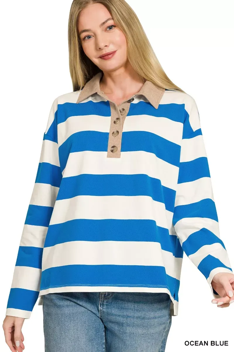 The Chic Stella – Striped Contrast Collar Polo Top