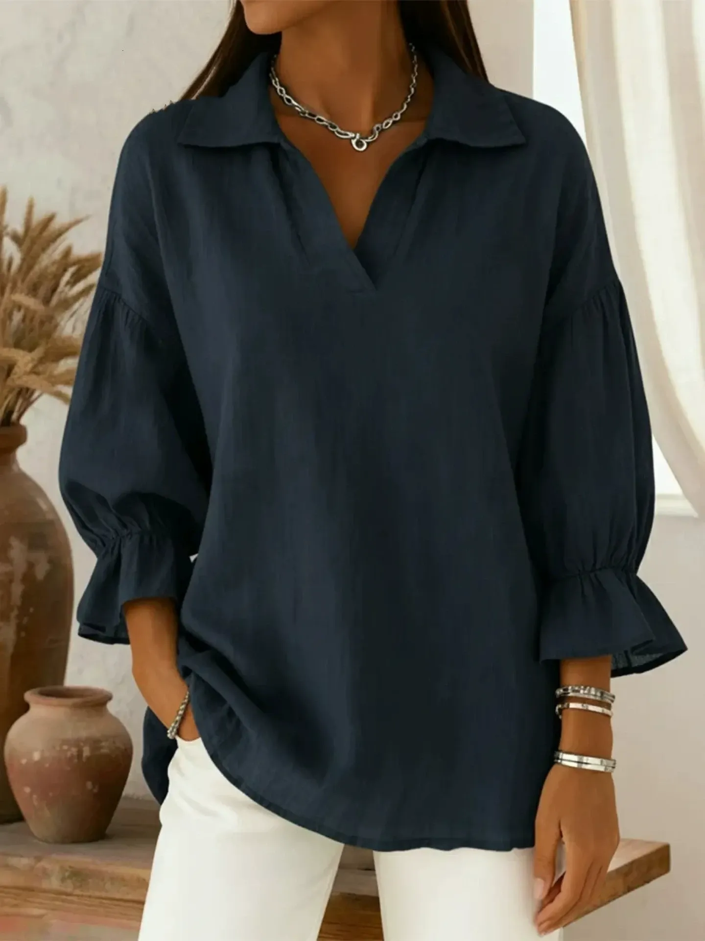 Casual Loose Long Sleeve Solid Color Stand Collar Top Ladies Spring And Autumn Shirt