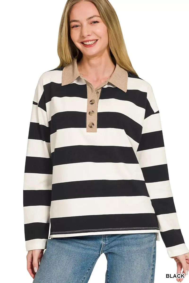 The Chic Stella – Striped Contrast Collar Polo Top