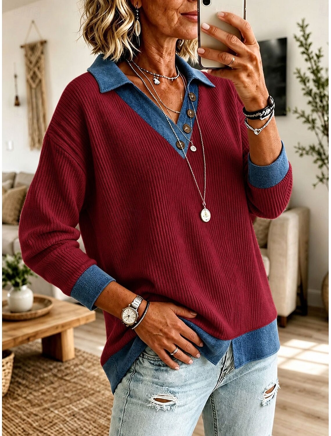 Women's Casual Long-Sleeve Patchwork Sweatshirt with Lapel