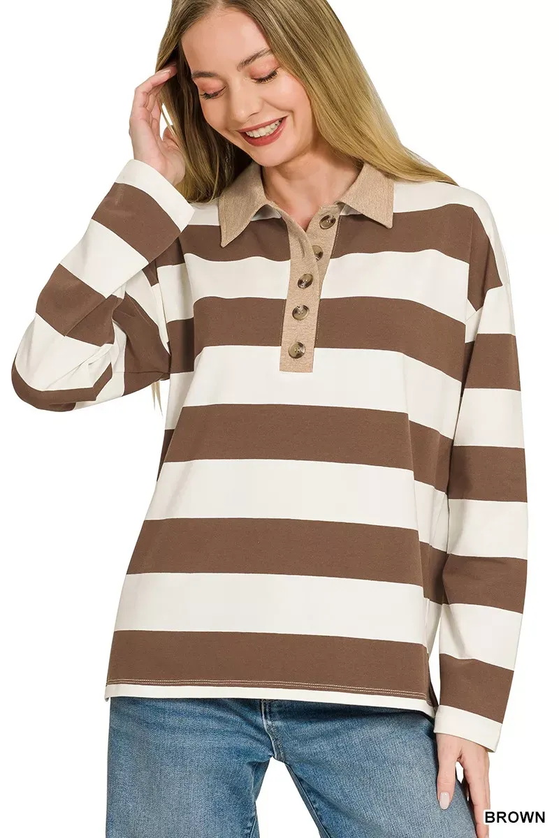 The Chic Stella – Striped Contrast Collar Polo Top