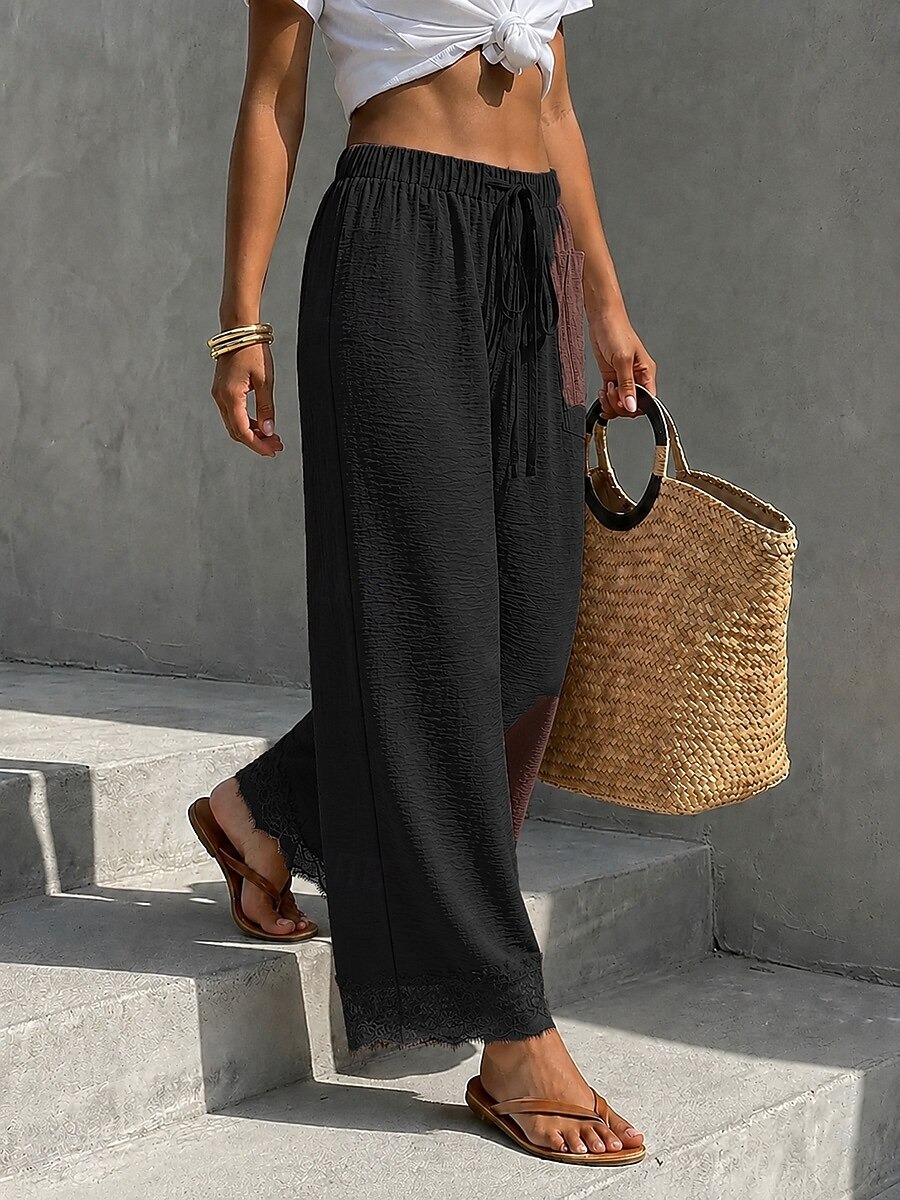 Women's Wide Leg Lace Pants Pants Trousers Vacation Full Length High Waist Plain Breathable Inelastic Vacation Rust Red Black Sky Blue Brown Summer Spring Loose Fit