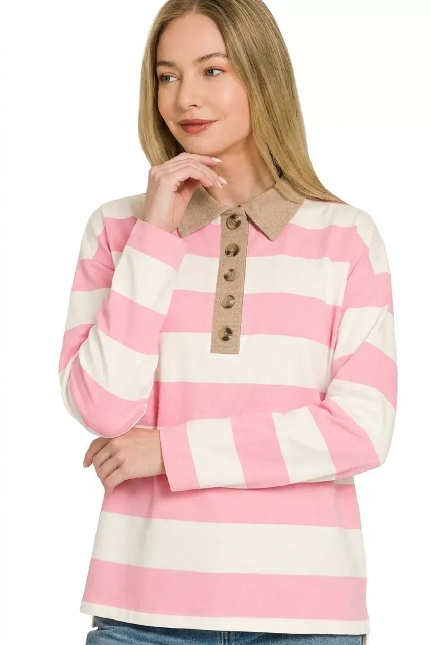 The Chic Stella – Striped Contrast Collar Polo Top