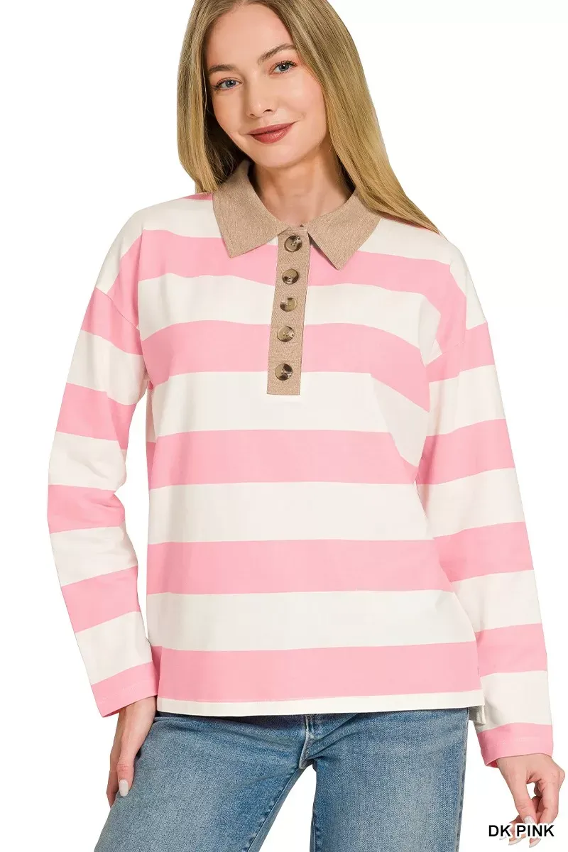 The Chic Stella – Striped Contrast Collar Polo Top
