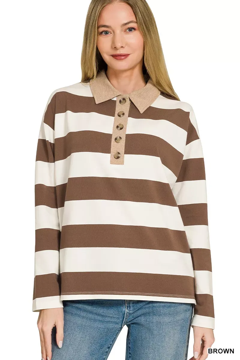 The Chic Stella – Striped Contrast Collar Polo Top
