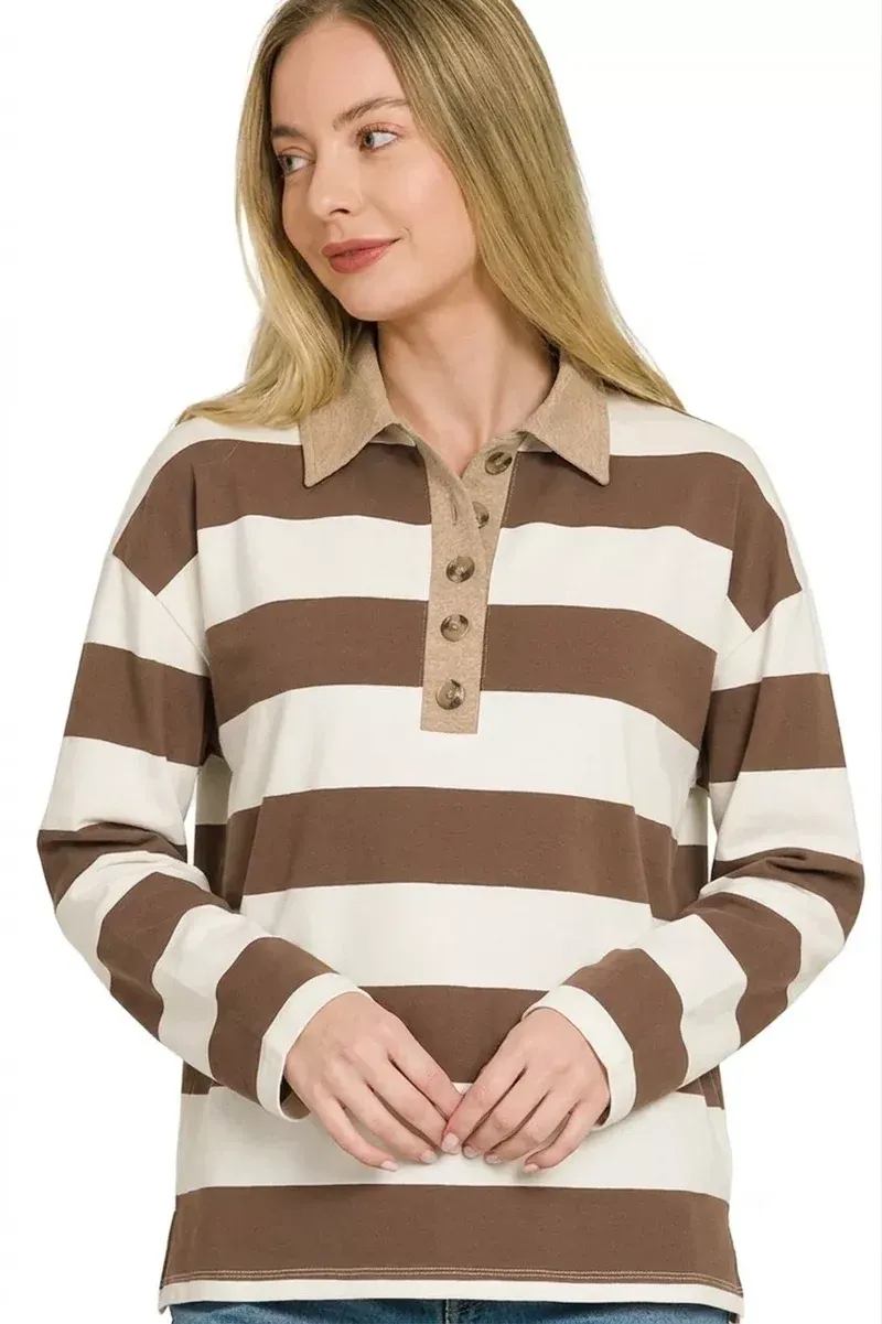 The Chic Stella – Striped Contrast Collar Polo Top