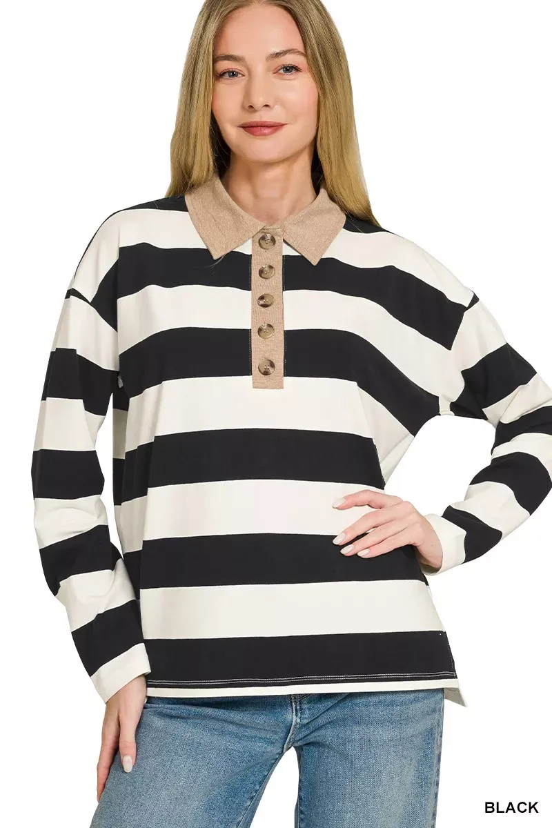 The Chic Stella – Striped Contrast Collar Polo Top