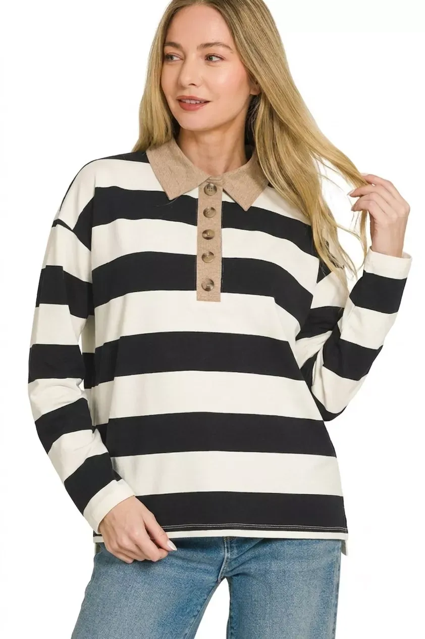 The Chic Stella – Striped Contrast Collar Polo Top