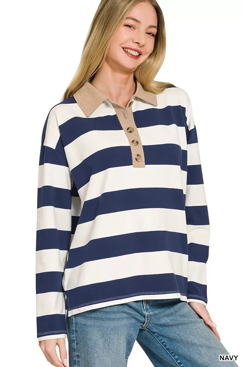The Chic Stella – Striped Contrast Collar Polo Top