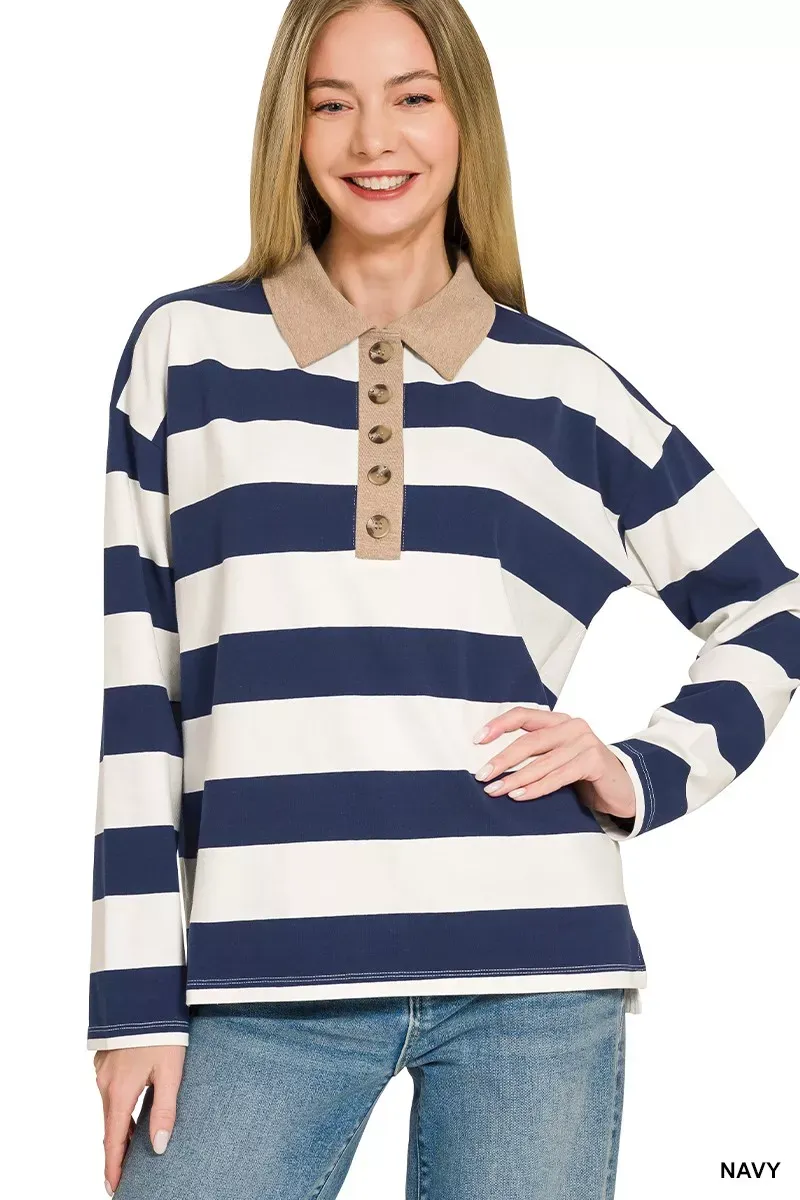 The Chic Stella – Striped Contrast Collar Polo Top
