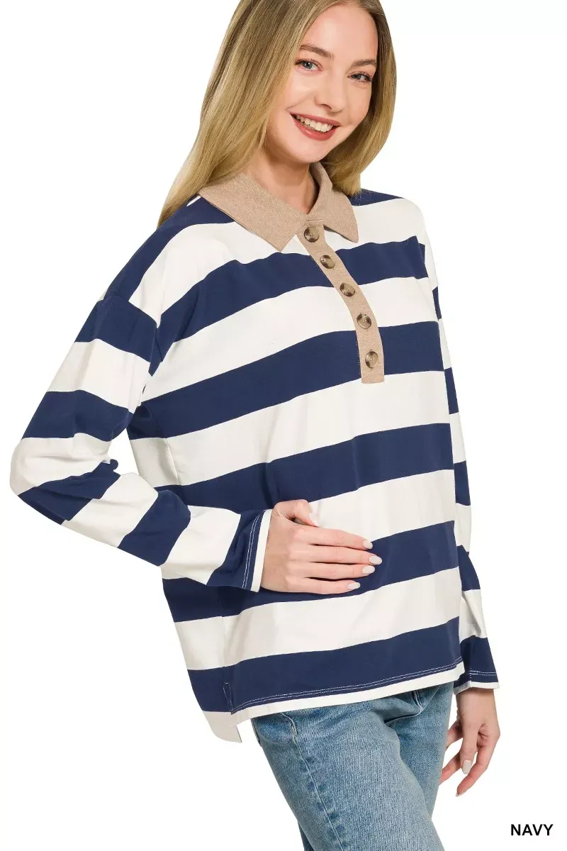 The Chic Stella – Striped Contrast Collar Polo Top