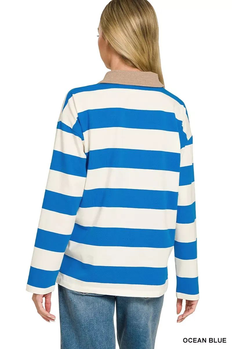 The Chic Stella – Striped Contrast Collar Polo Top