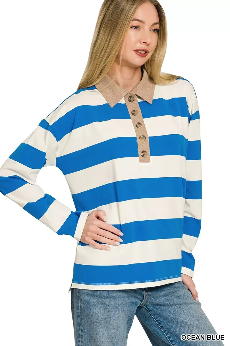 The Chic Stella – Striped Contrast Collar Polo Top