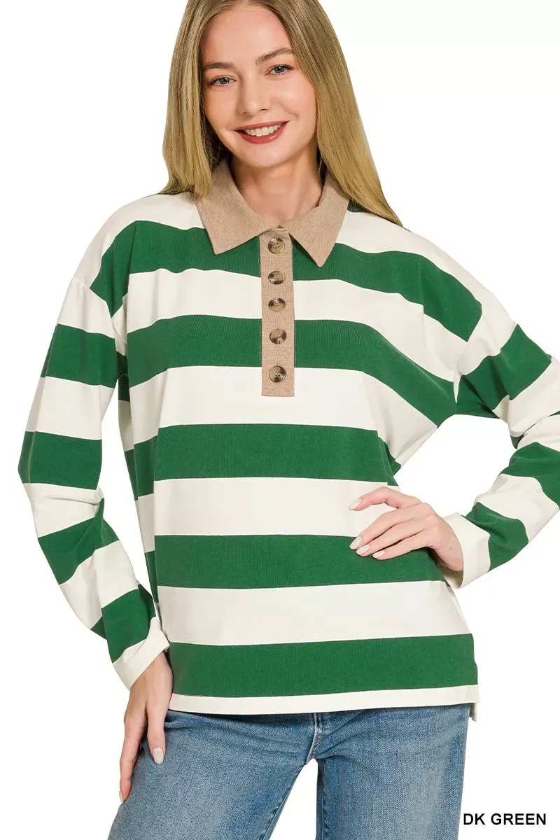 The Chic Stella – Striped Contrast Collar Polo Top