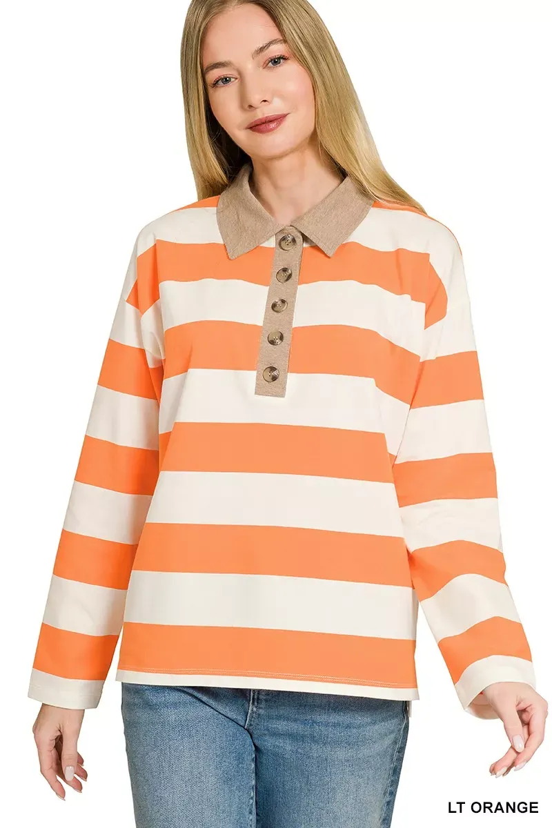 The Chic Stella – Striped Contrast Collar Polo Top