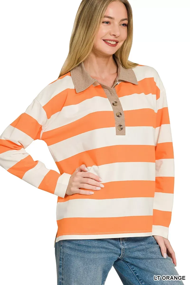 The Chic Stella – Striped Contrast Collar Polo Top