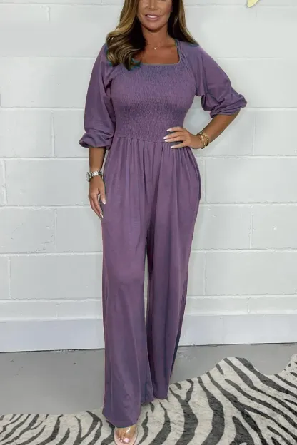 CLEARANCE🔥 Solid Color Long Sleeve Elastic Waist Wide Leg Jumpsuit
